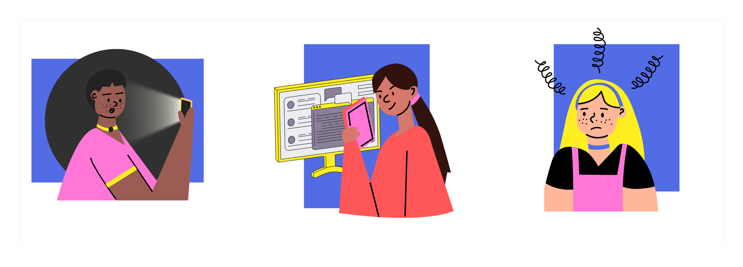 Digital Wellbeing illustrations: late-night phone use, distraction while working, and regret
