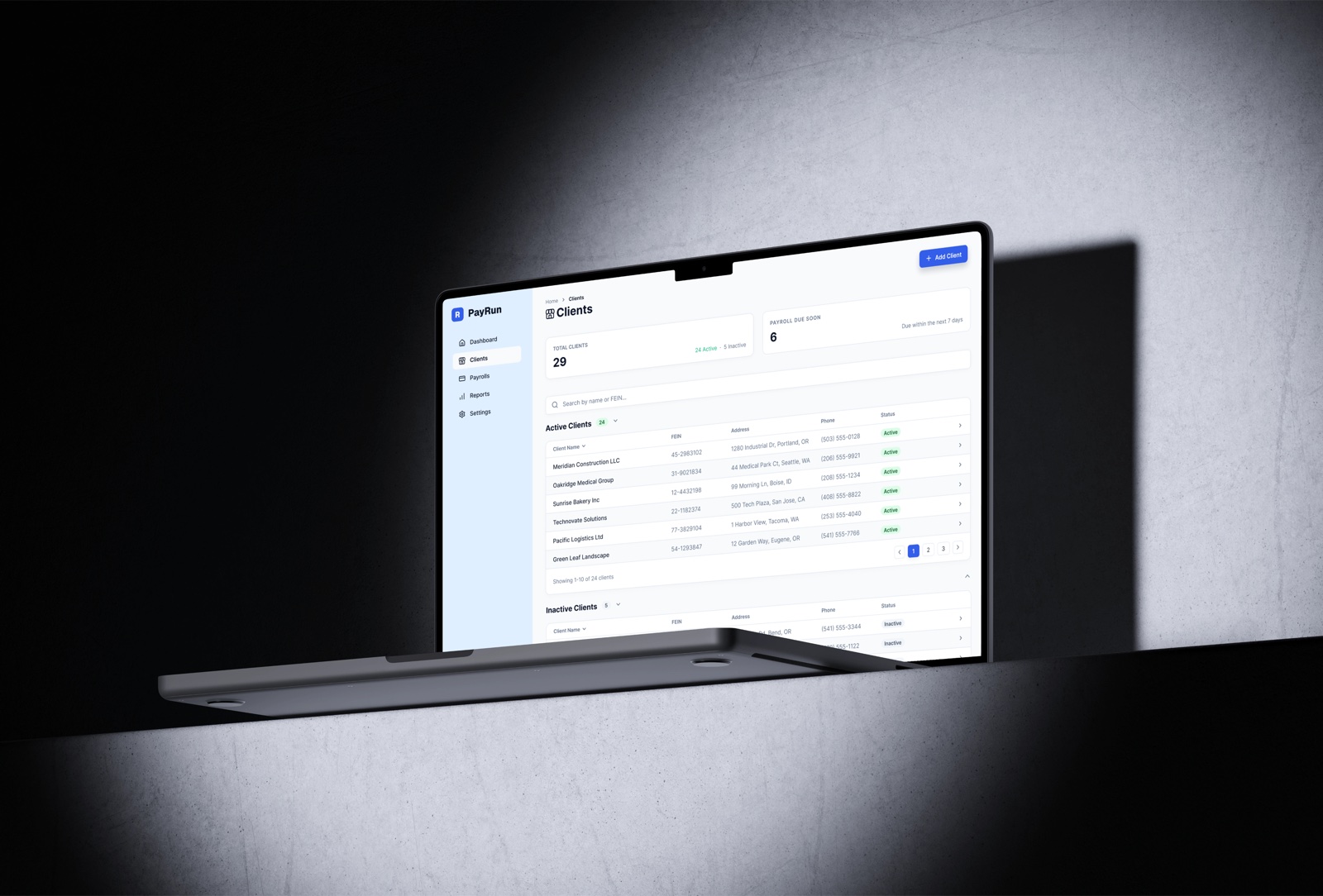 PayRun clients dashboard on a laptop