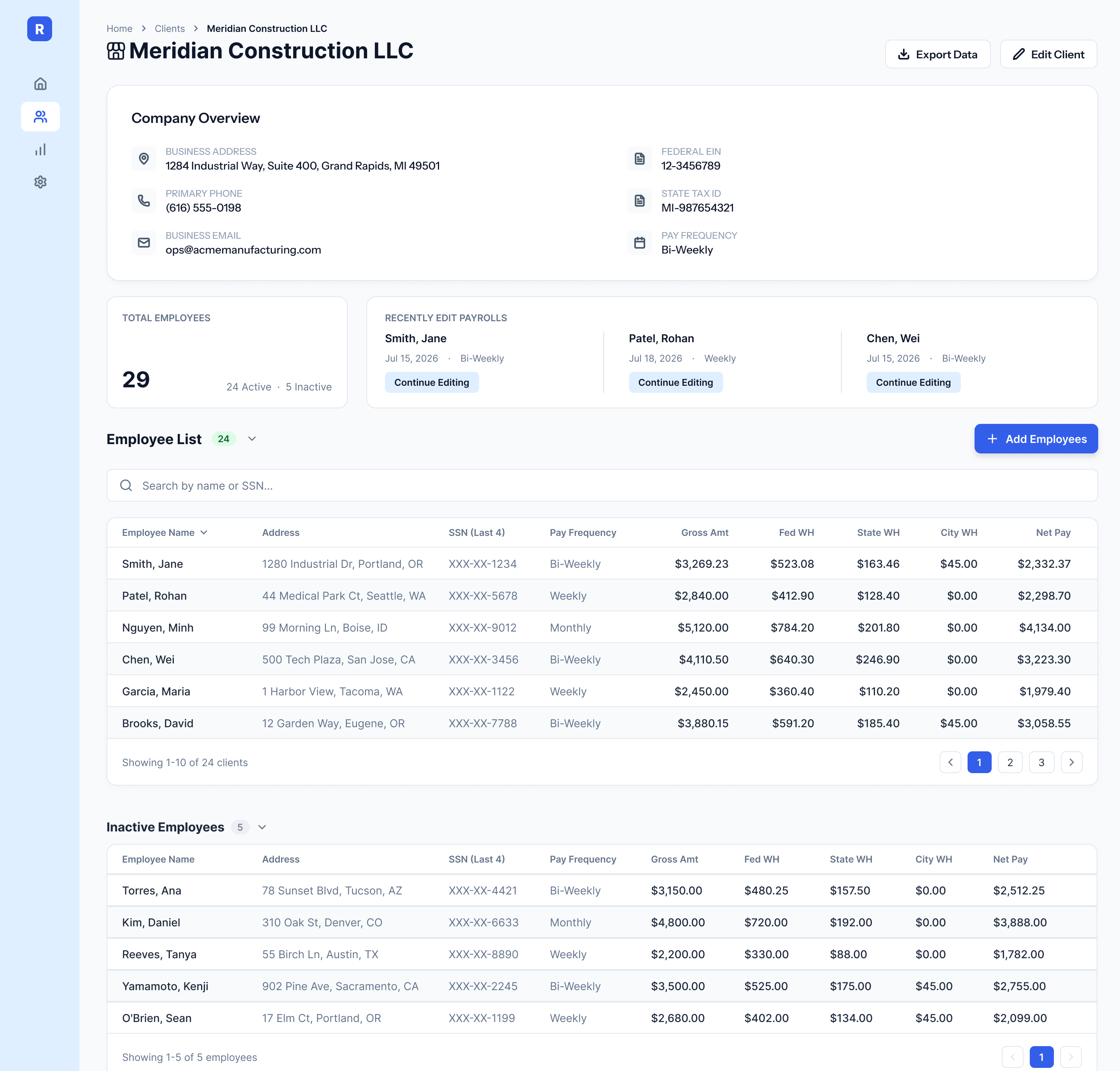 Client detail page for Meridian Construction LLC: company overview, employee stats, and the employee list with withholdings and net pay
