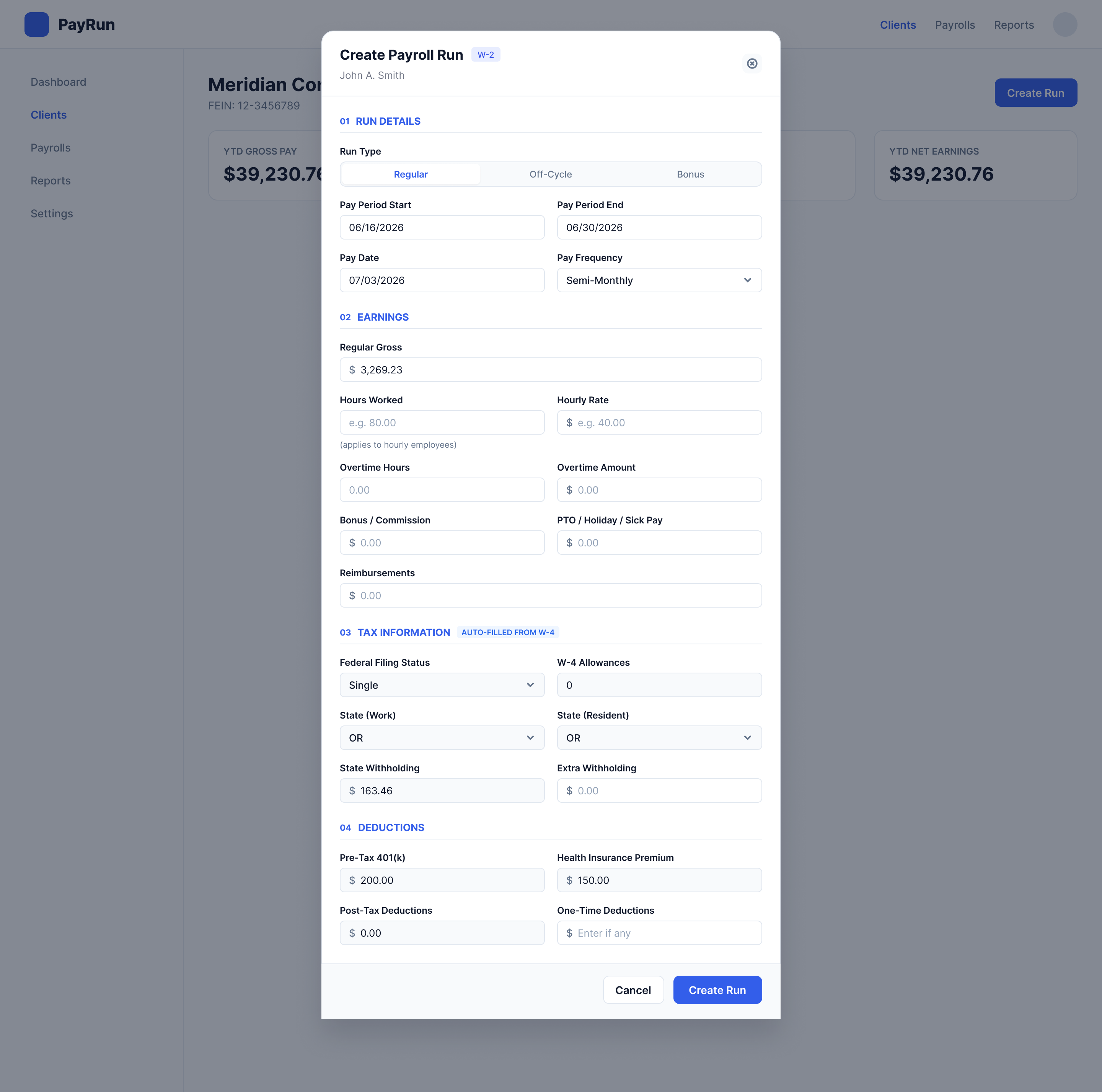 Create Payroll Run modal on desktop: run details, earnings, tax information auto-filled from the W-4, and deductions in one scrolling form