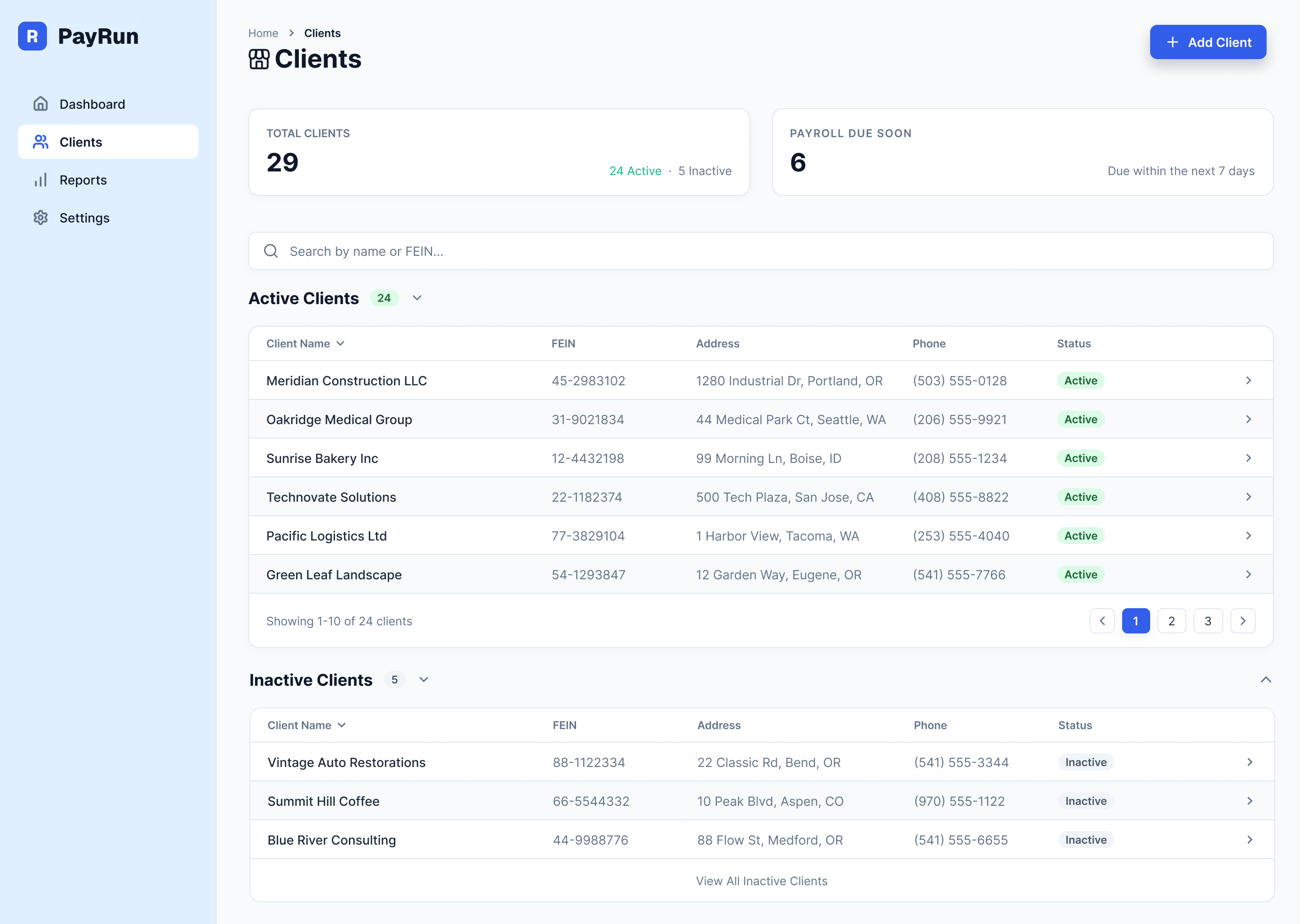 PayRun Clients page: total clients and payroll-due-soon cards above active and inactive client tables