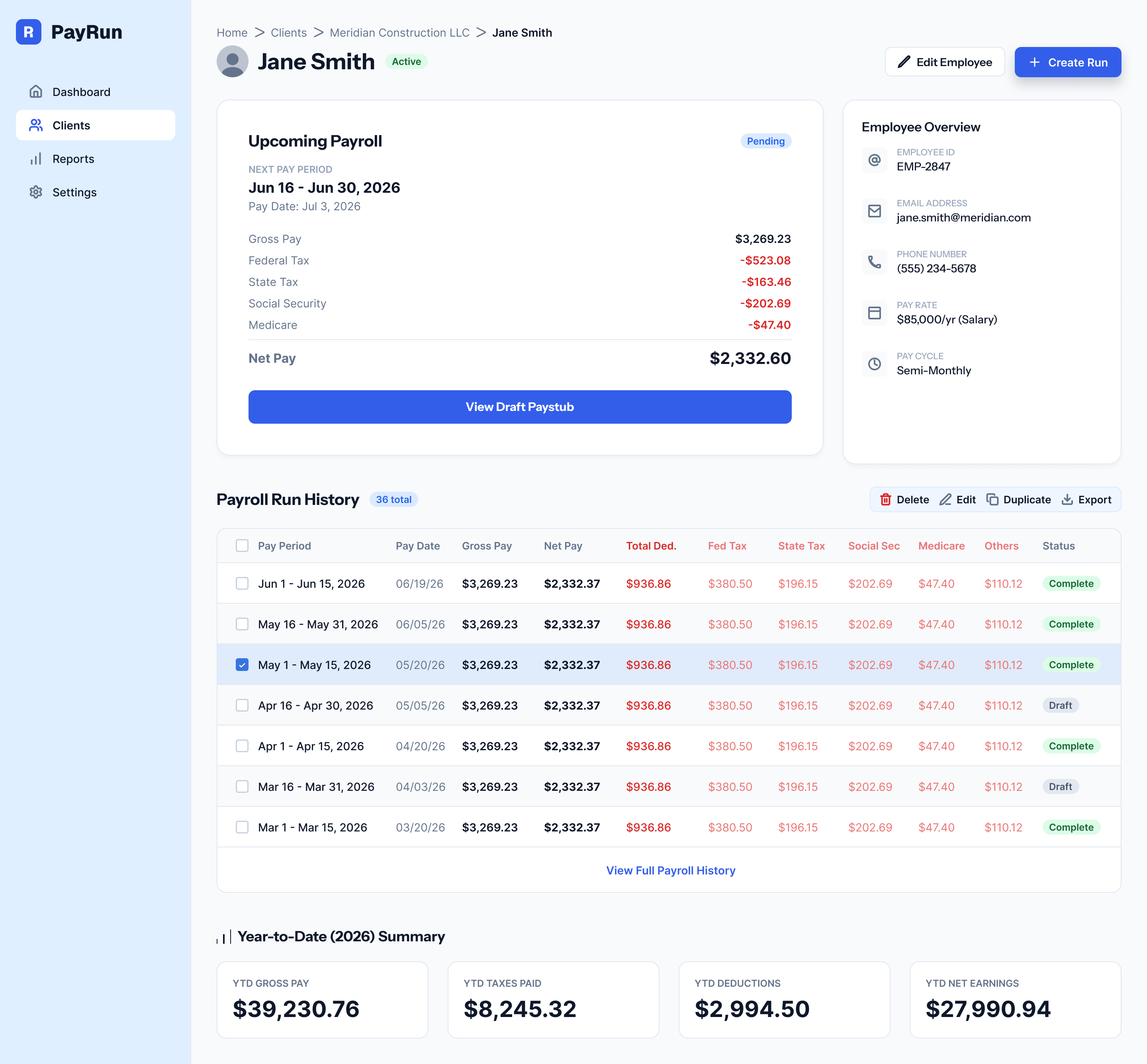 Employee detail page for Jane Smith: upcoming payroll with full withholding breakdown, itemized payroll run history with draft and complete statuses, and year-to-date summary