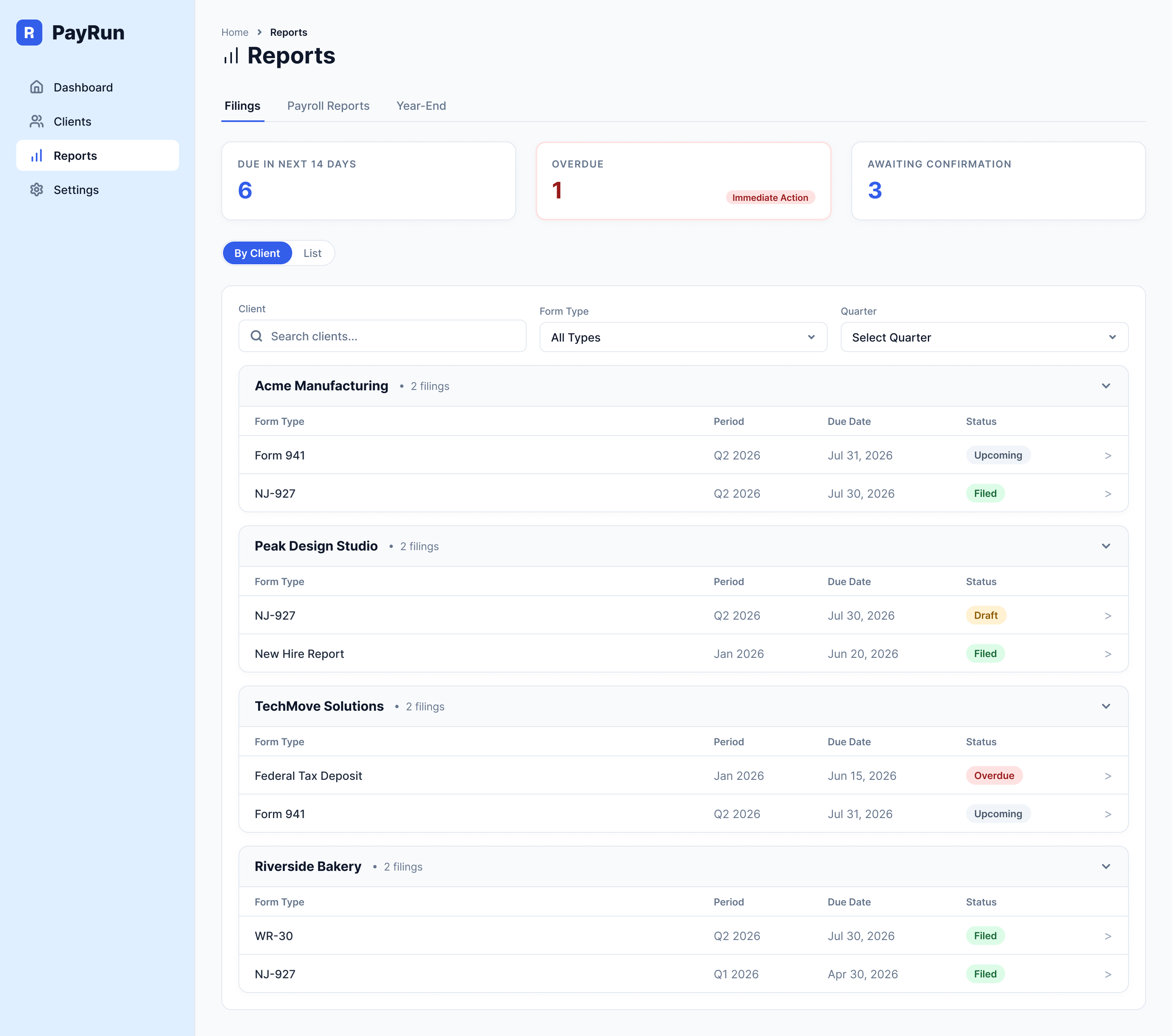 Filings page in By Client view: each client as a collapsible group of its forms, with due dates and statuses