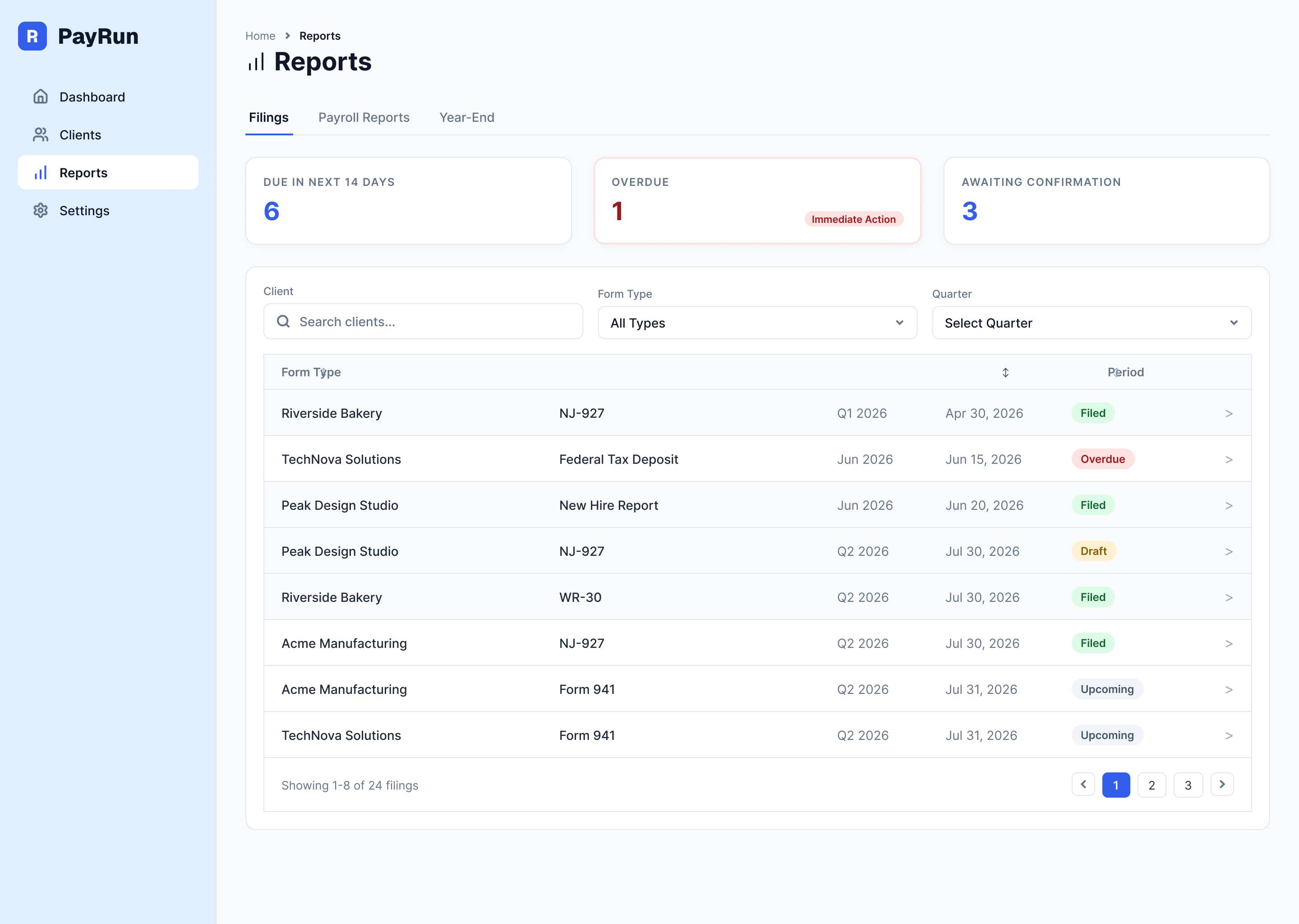 Filings page in List view: every form due across clients, sorted by due date, with upcoming, draft, overdue, and filed statuses