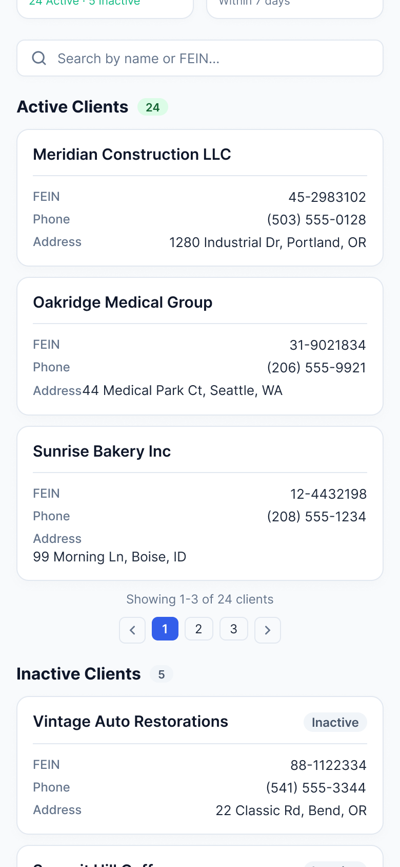 Mobile Clients page: total clients and payroll-due cards above client cards