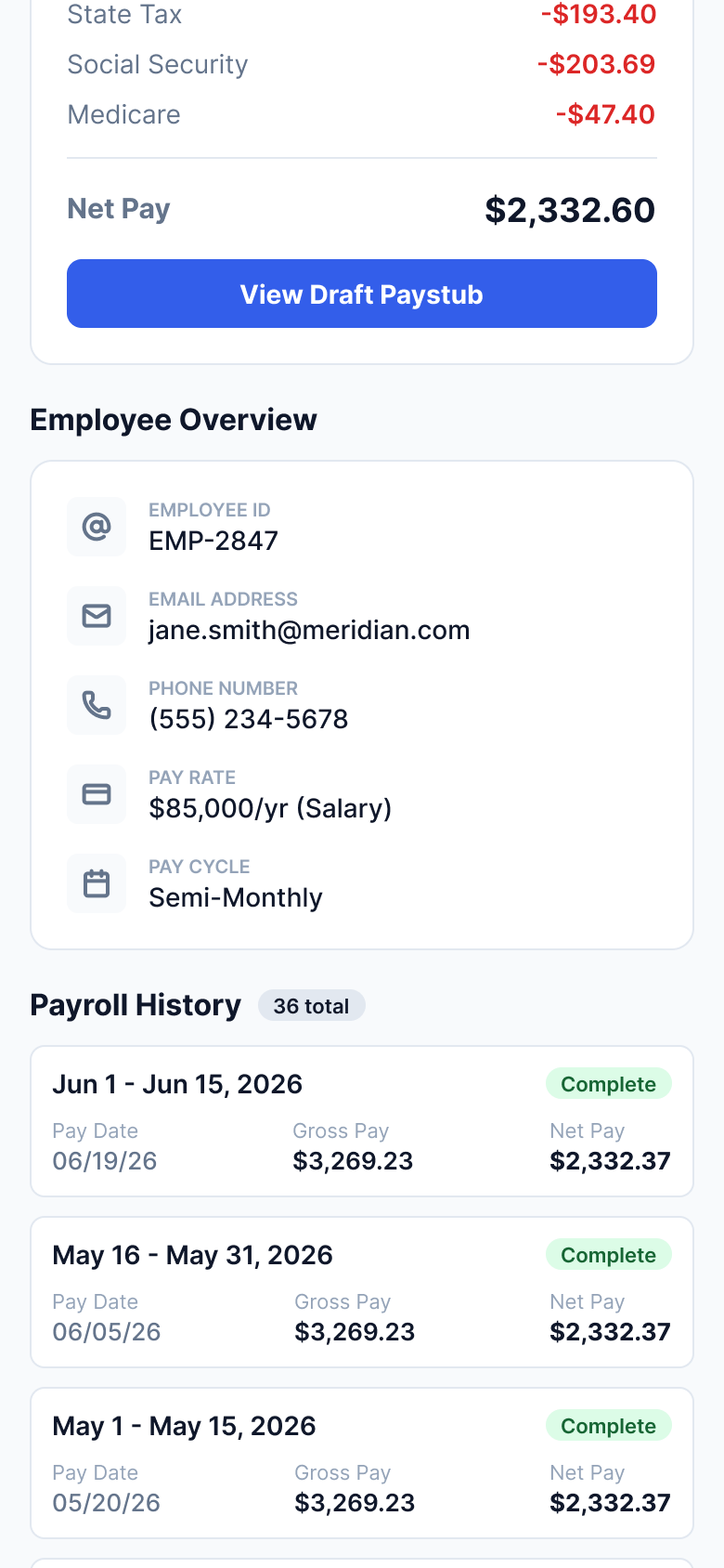 Mobile employee page for Jane Smith: upcoming payroll breakdown and employee overview