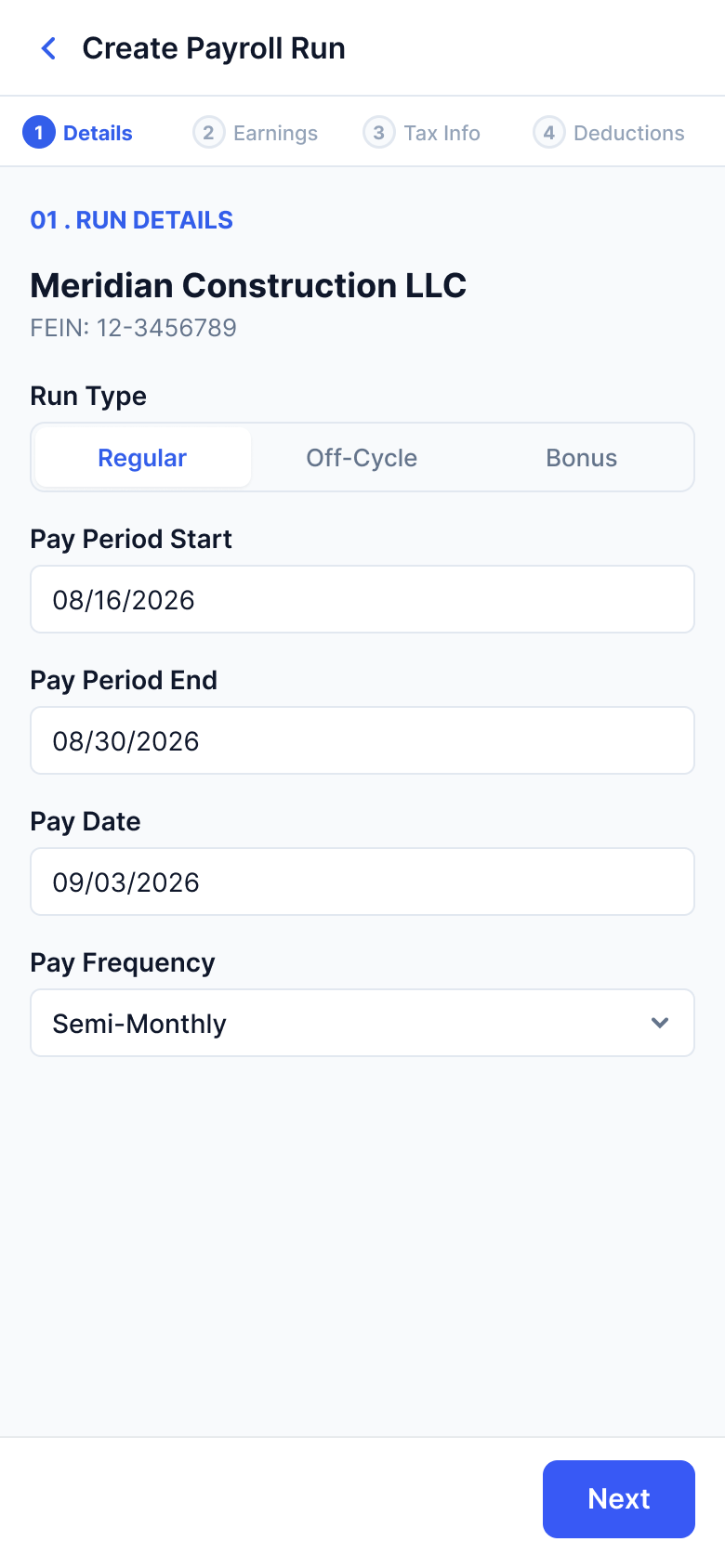 Mobile step 1 of 4: run details with run type, pay period, pay date, and pay frequency