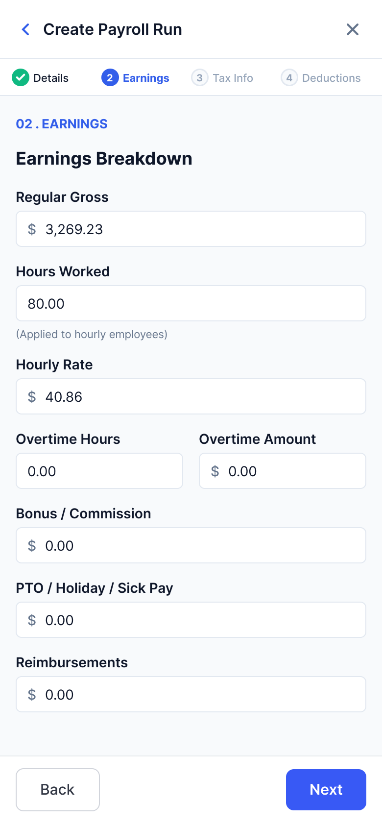 Mobile step 2 of 4: earnings breakdown with gross, hours, overtime, bonus, PTO, and reimbursements