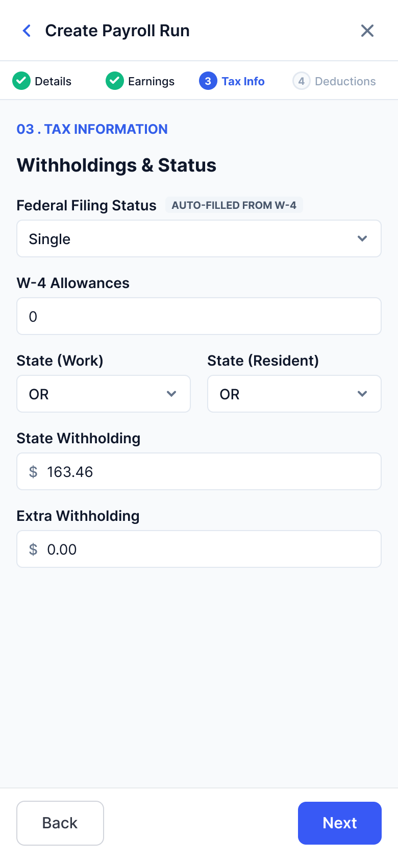 Mobile step 3 of 4: tax information with filing status and withholding auto-filled from the W-4