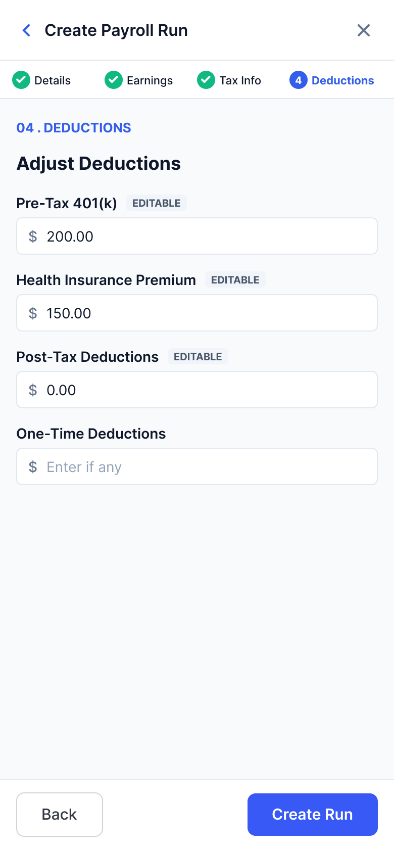 Mobile step 4 of 4: editable deductions for 401(k), health insurance, and post-tax items