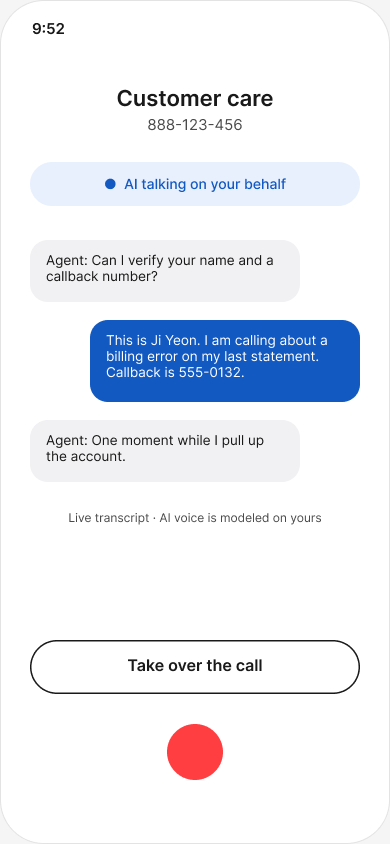 Voice AI call screen: AI talking with the agent on the caller's behalf