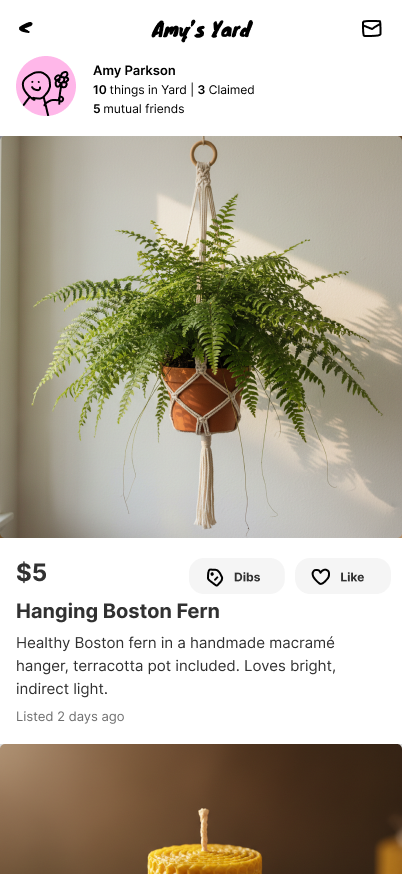Friend's Yard Detail page: hanging Boston fern listing with Dibs and Like actions