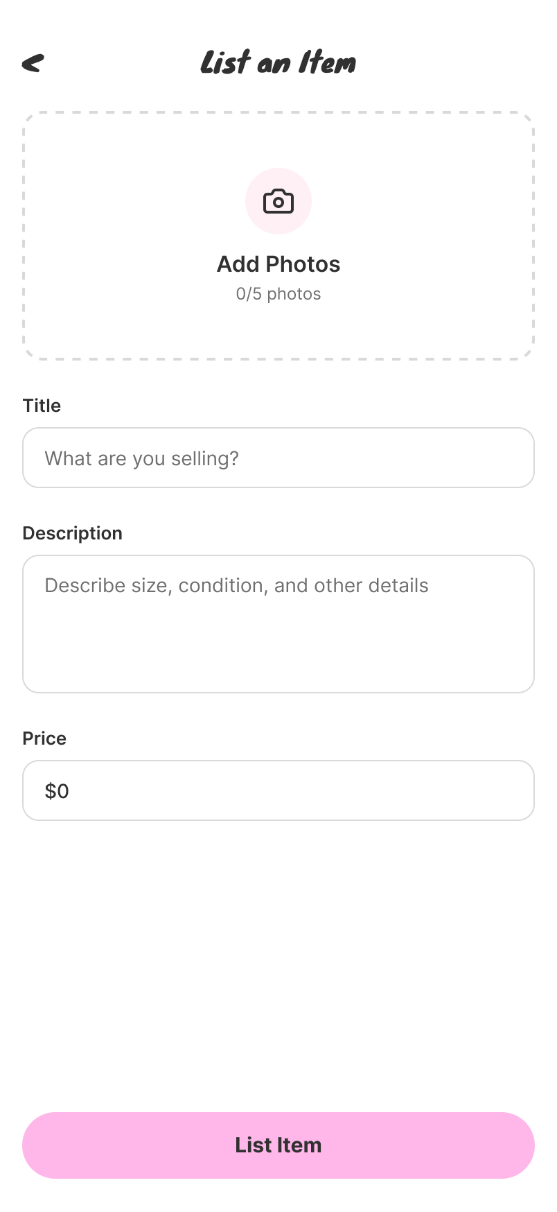 List an item screen before photo upload