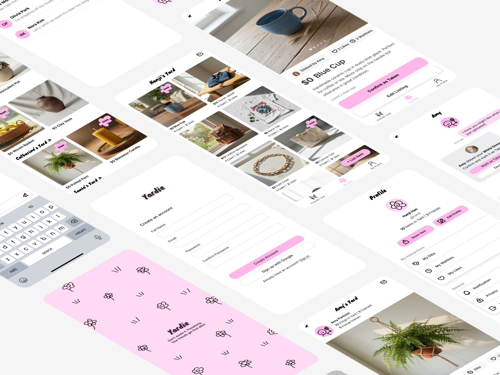 Isometric spread of Yardie screens: intro, sign up, yards, listings, item detail, messages, and profile