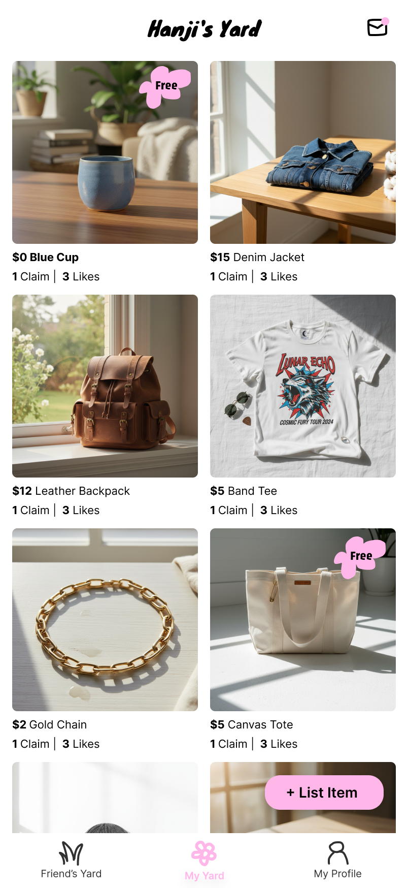 My Yard: a grid of the owner's listed items